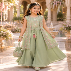 Girls Premium Embroidered Jacket Palazzo Set with Potli Bag